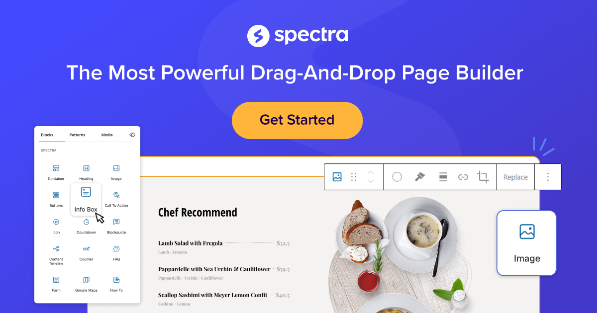 Spectra drag-and-drop page builder interface preview.