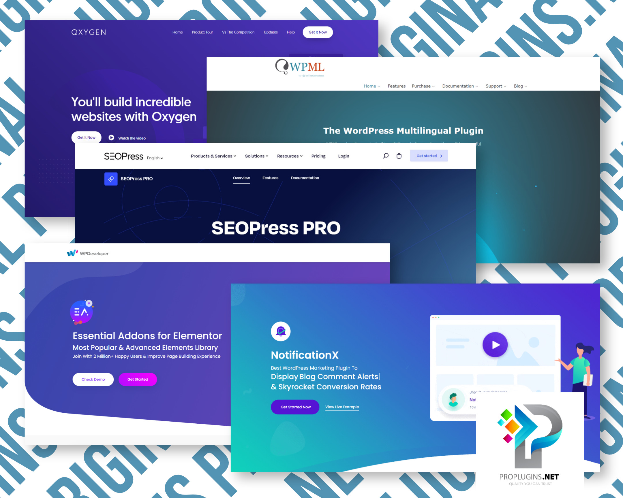 Collage of WordPress plugins and tools websites.