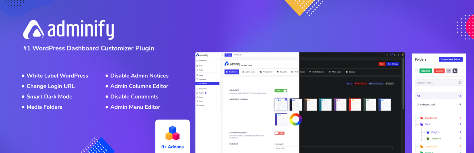 Adminify WordPress Dashboard Customizer Plugin features overview.