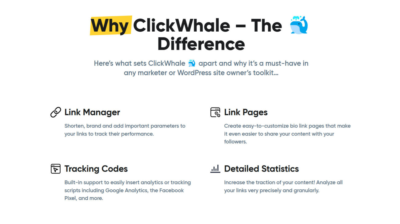 ClickWhale features: link management, tracking, statistics, customization.