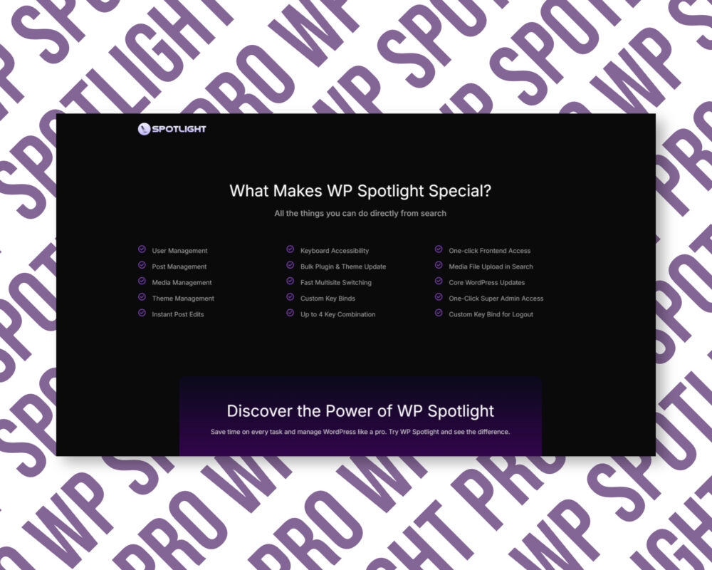 Features of WP Spotlight for WordPress management.
