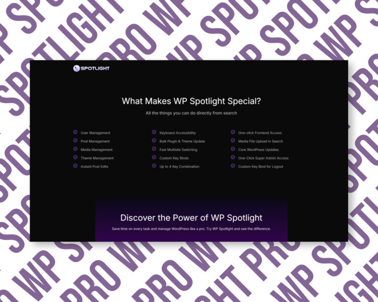 Features of WP Spotlight for WordPress management.