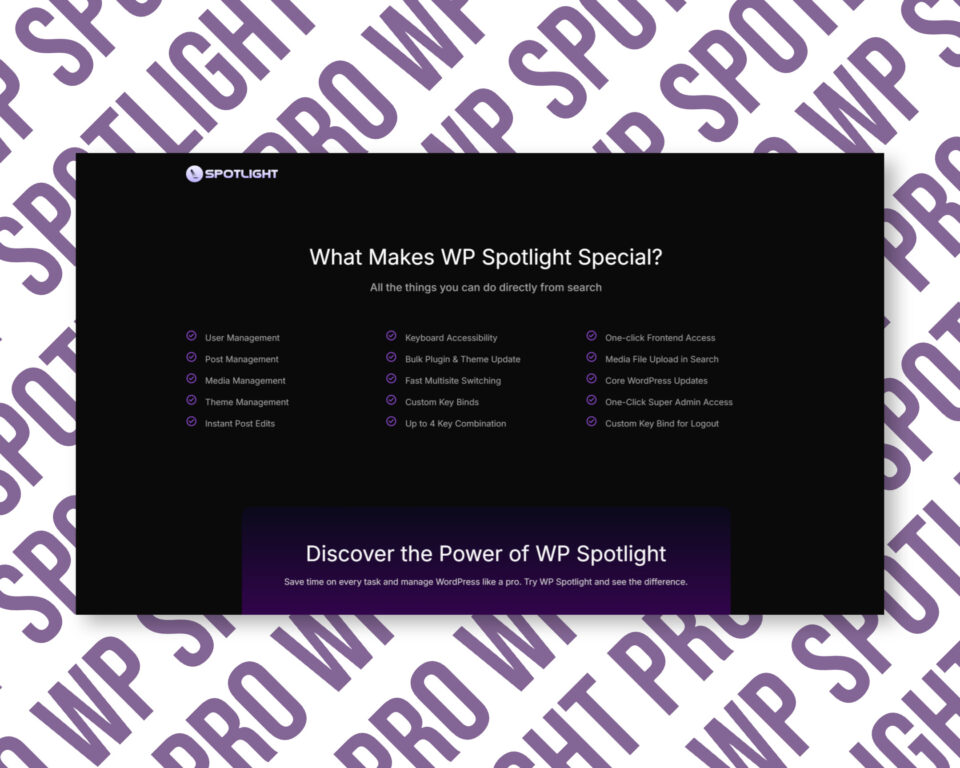 Features of WP Spotlight for WordPress management.