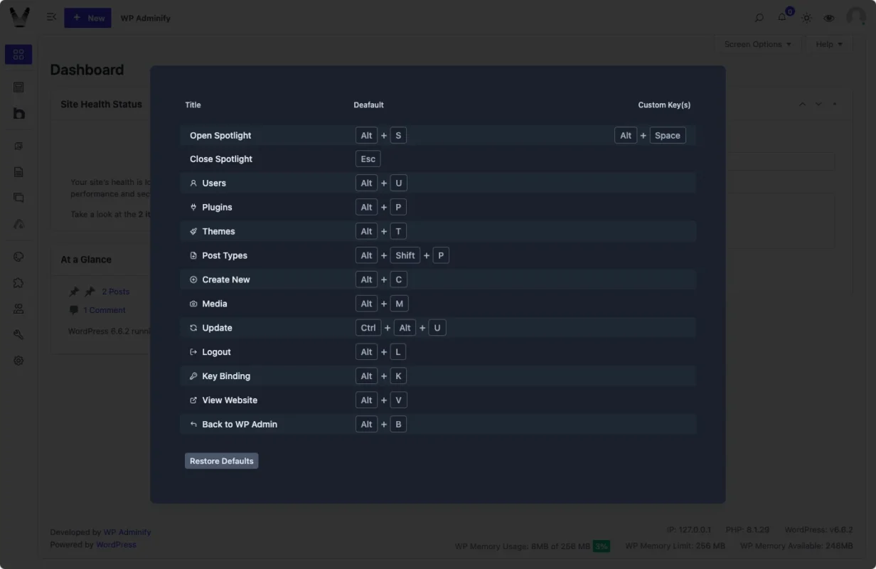 WordPress admin dashboard with shortcut keys panel.