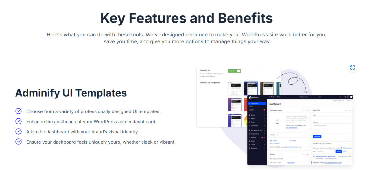 Adminify UI templates for WordPress dashboard customization.