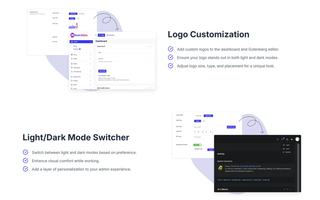 Dashboard with logo customization and dark mode switcher.
