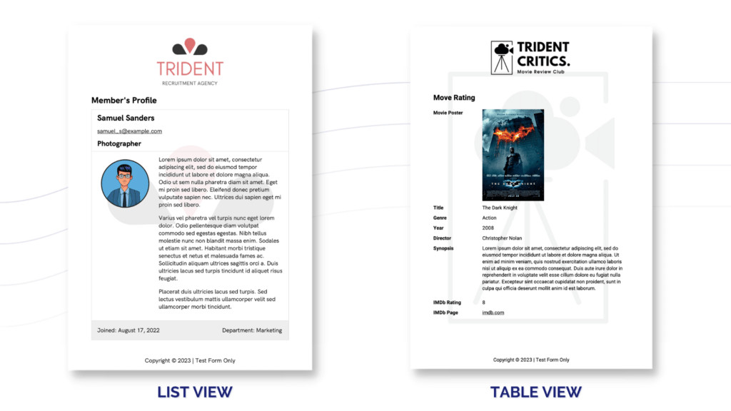 Trident profile and movie rating comparison chart.
