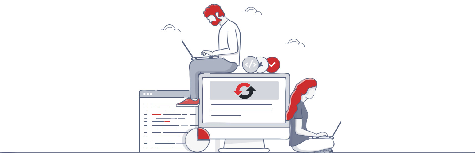 Illustration of programmers using laptops, coding teamwork.