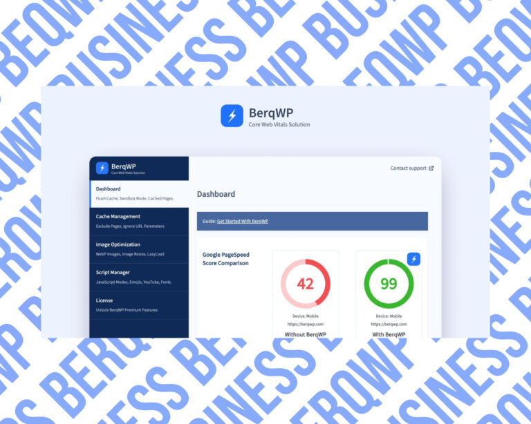 BerqWP dashboard showing speed score comparison.