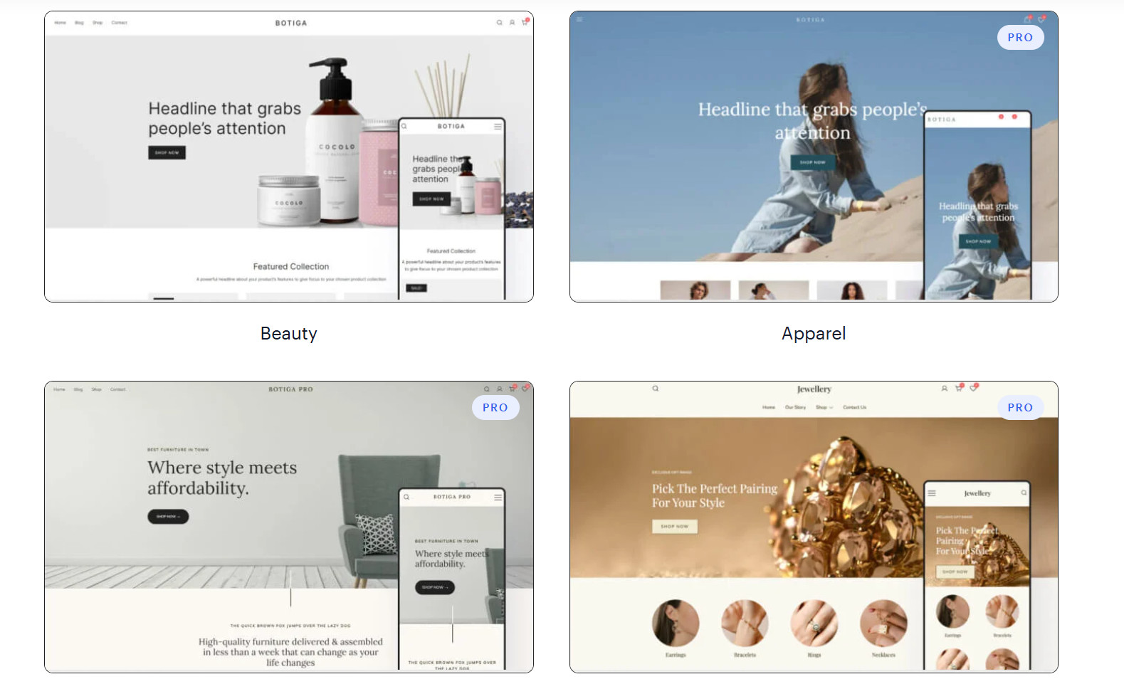 E-commerce website themes: Beauty, Apparel, Furniture, Jewelry.