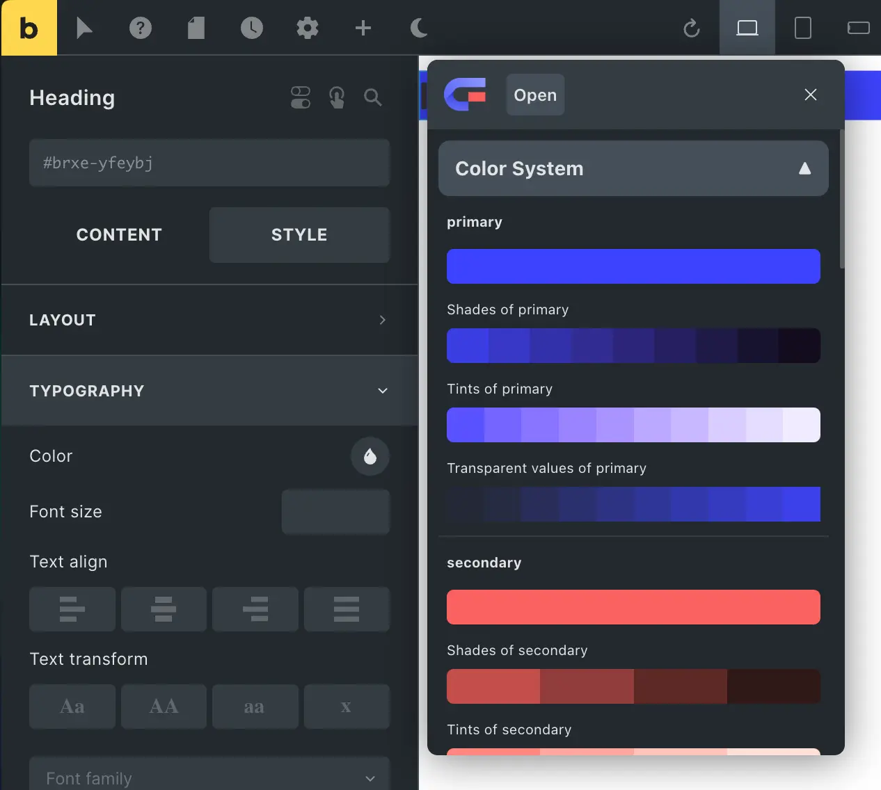 UI showing color system and typography settings