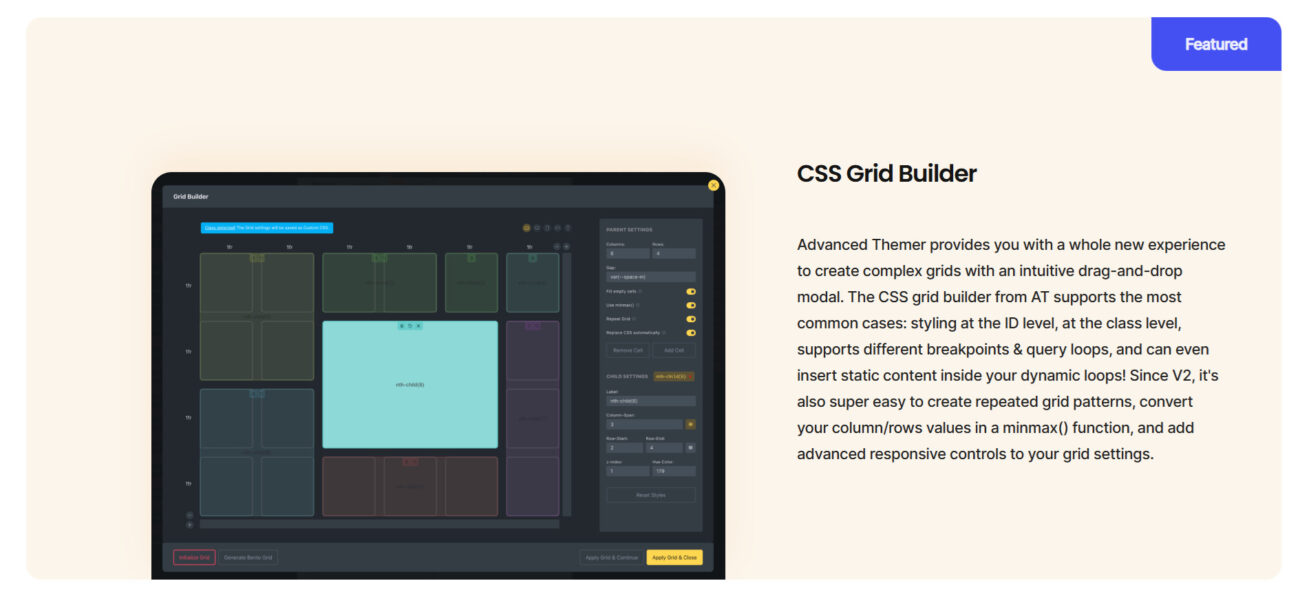 CSS Grid Builder interface and features overview.