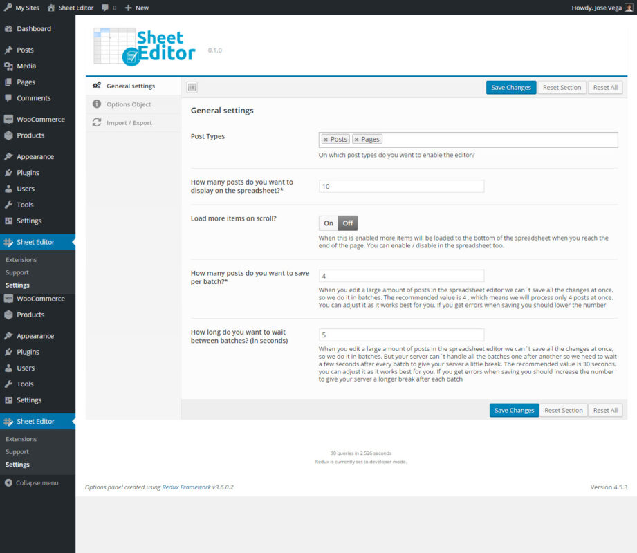 WordPress Sheet Editor general settings interface screenshot.