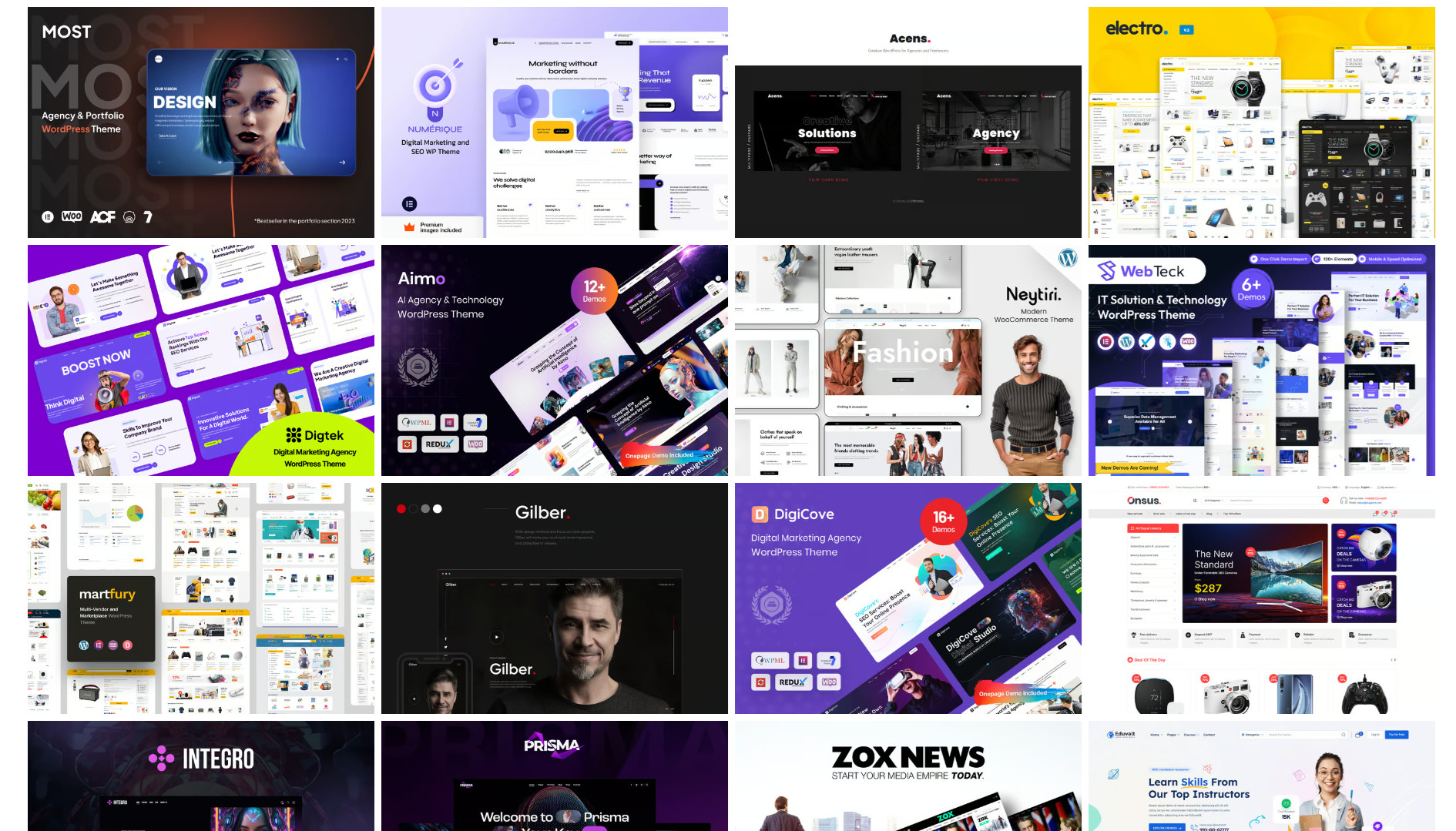 Collage of various WordPress themes and templates.