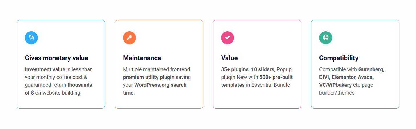 Plugin benefits: value, maintenance, compatibility, monetary savings.