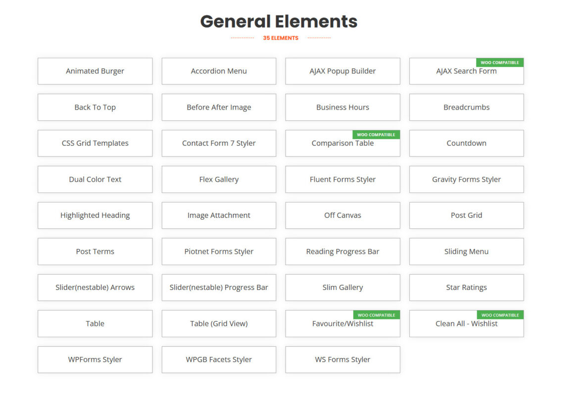 List of general web elements and plugins options.