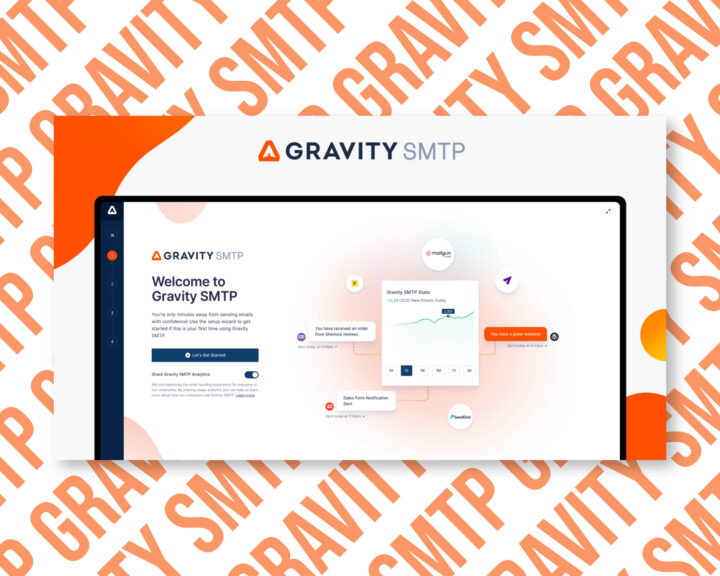 Gravity SMTP dashboard and welcome screen displayed.