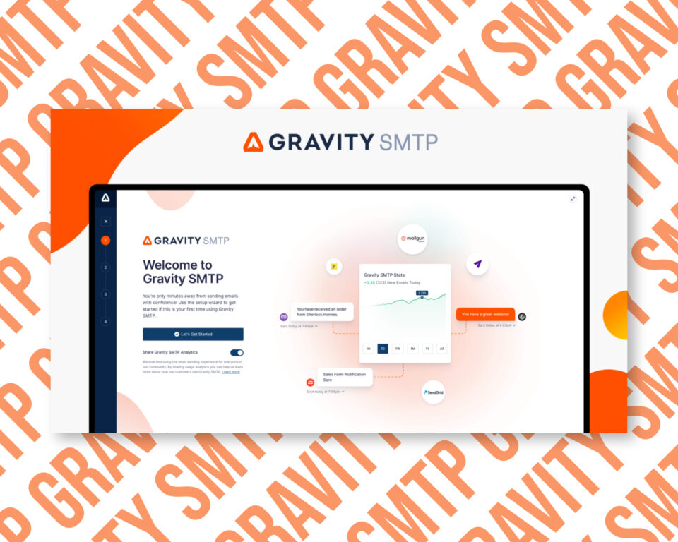 Gravity SMTP dashboard and welcome screen displayed.