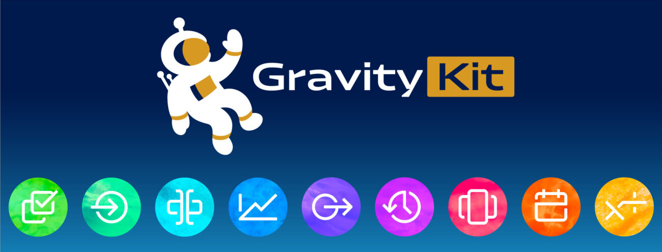 GravityKit logo with colorful feature icons.