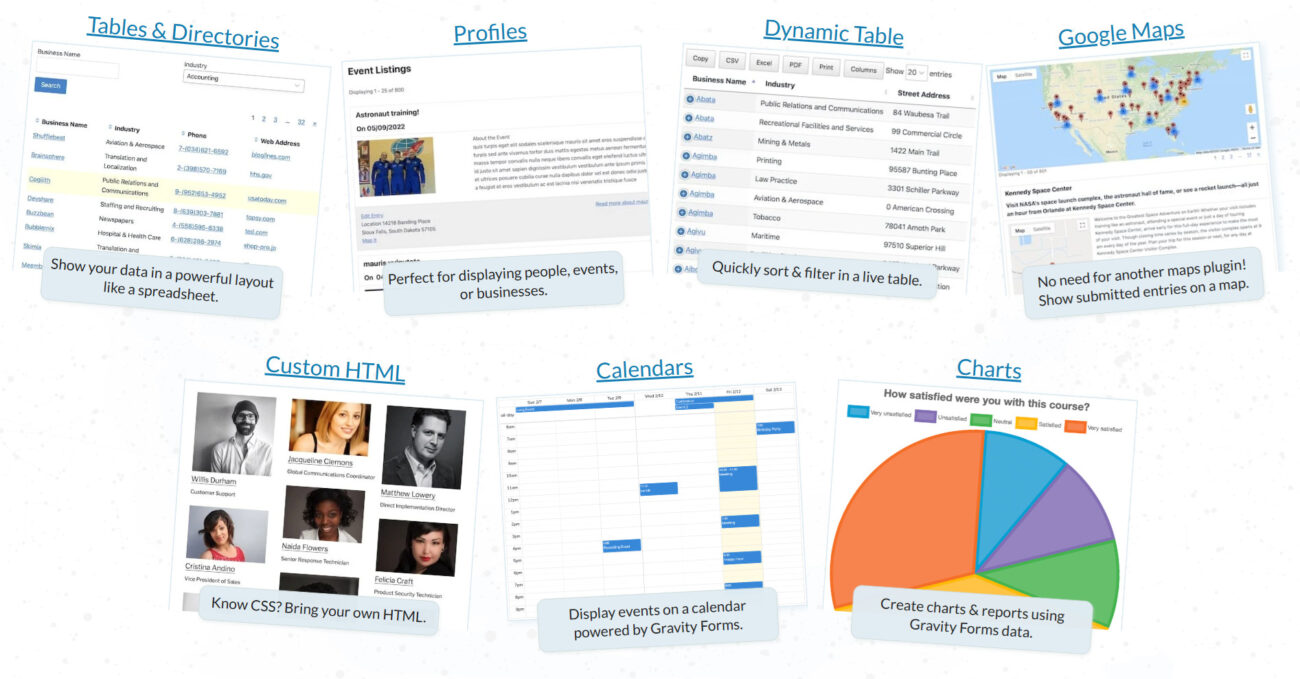 Gravity Forms features: tables, profiles, maps, charts, calendars.