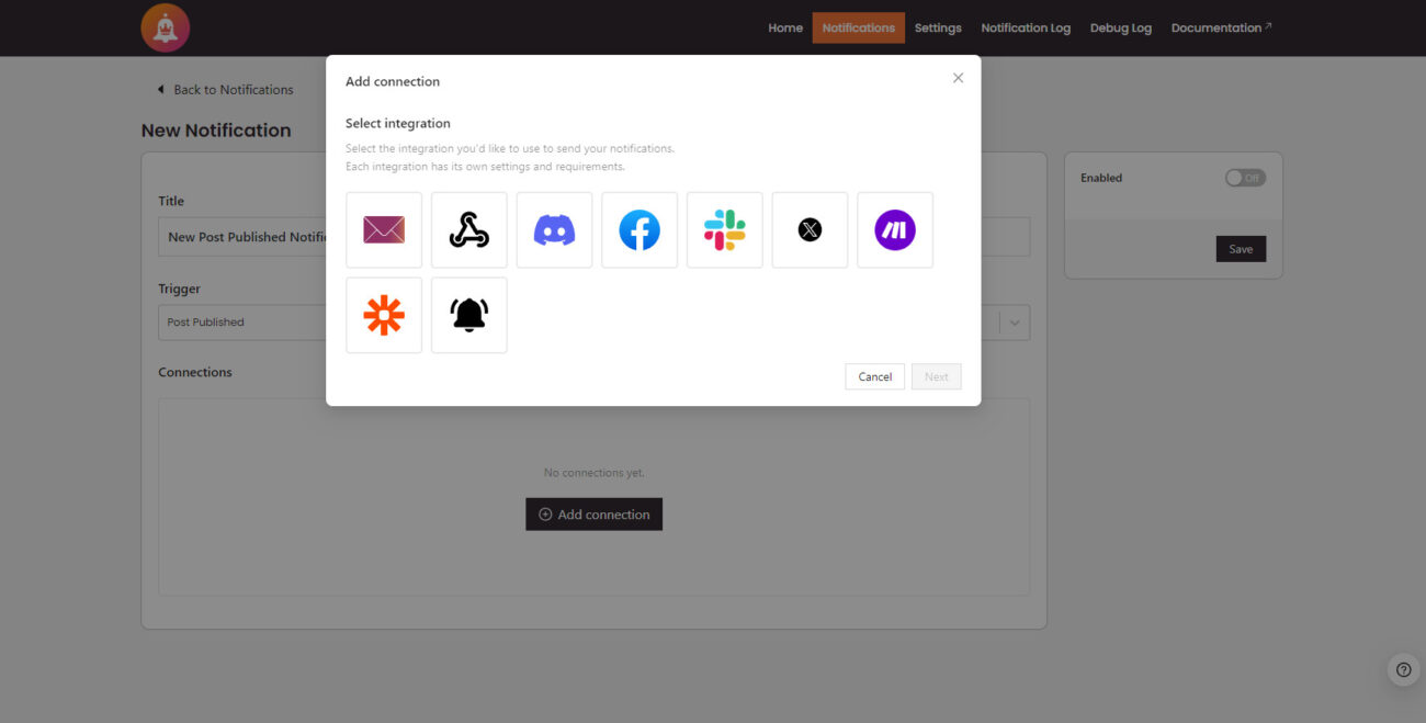 Notification integration options for new post trigger.