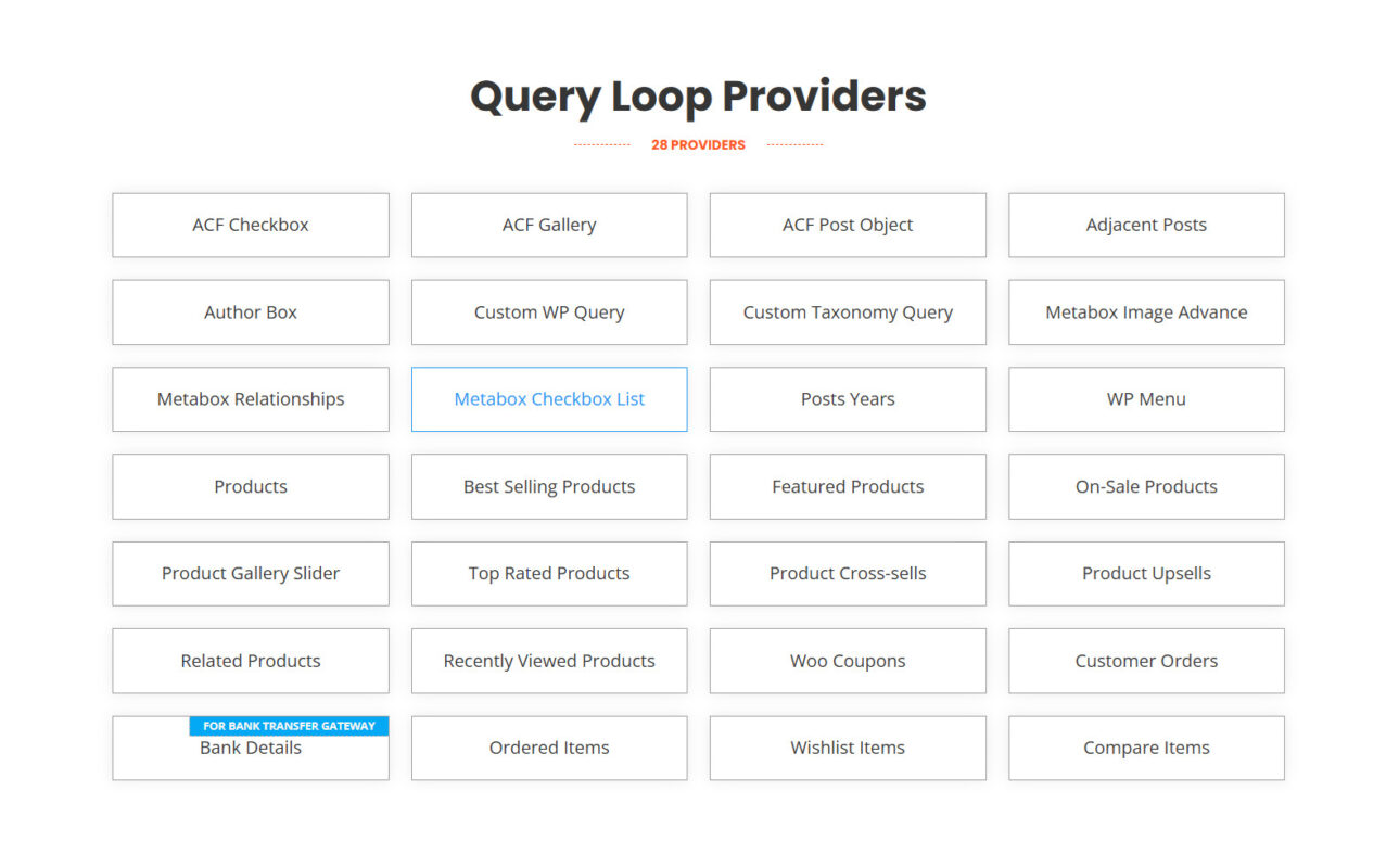 Query loop providers list, 28 options available.