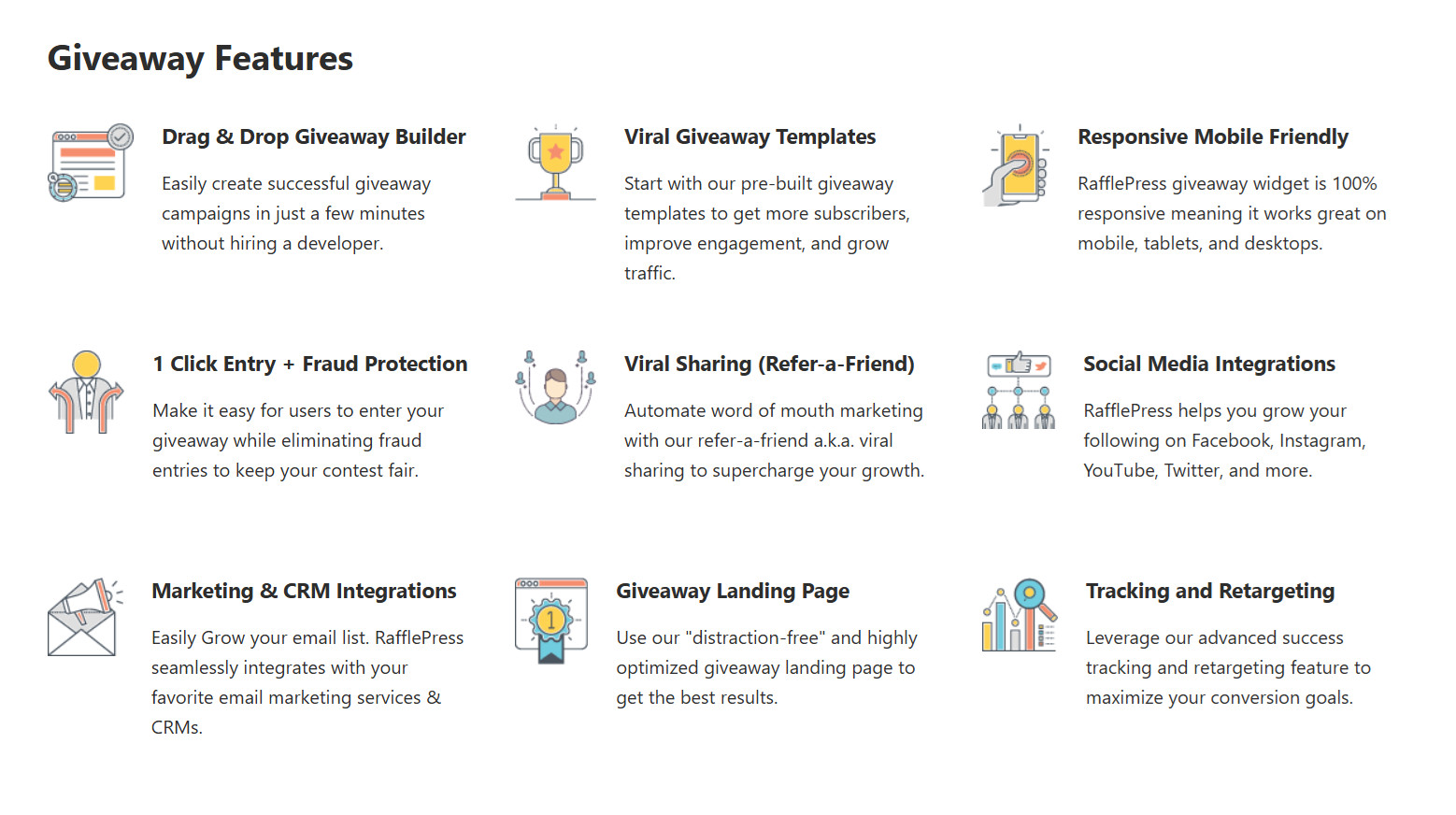 RafflePress giveaway features overview with icons.