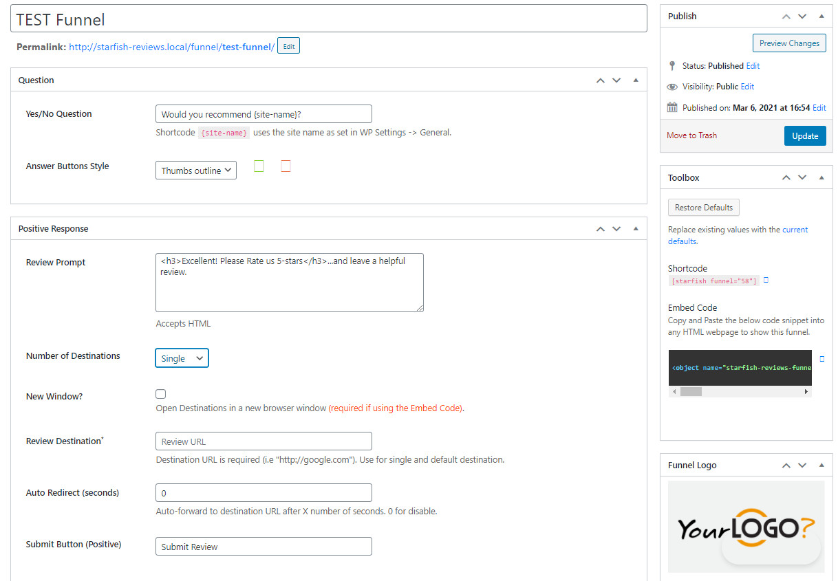 WordPress plugin review funnel setup dashboard.