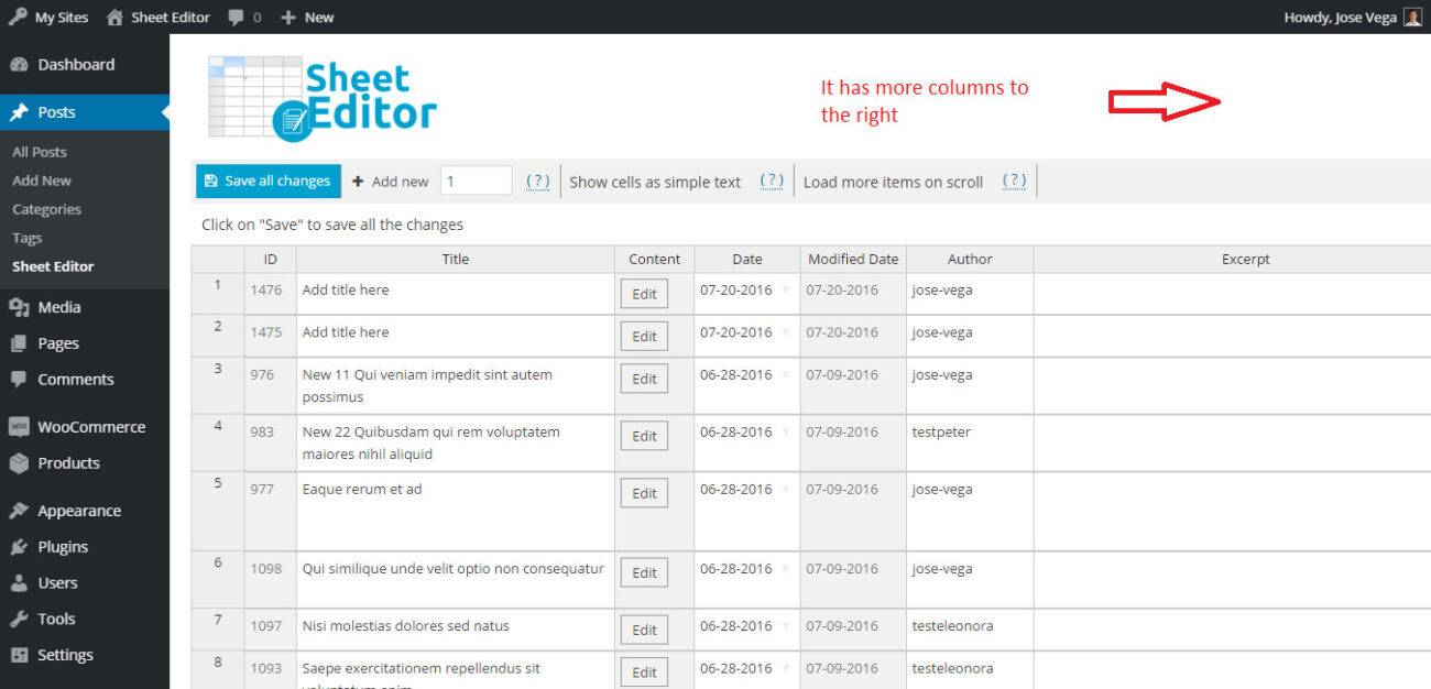 WordPress sheet editor interface with post list.