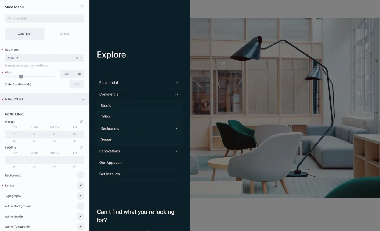 Modern office lobby with menu options, sleek design.