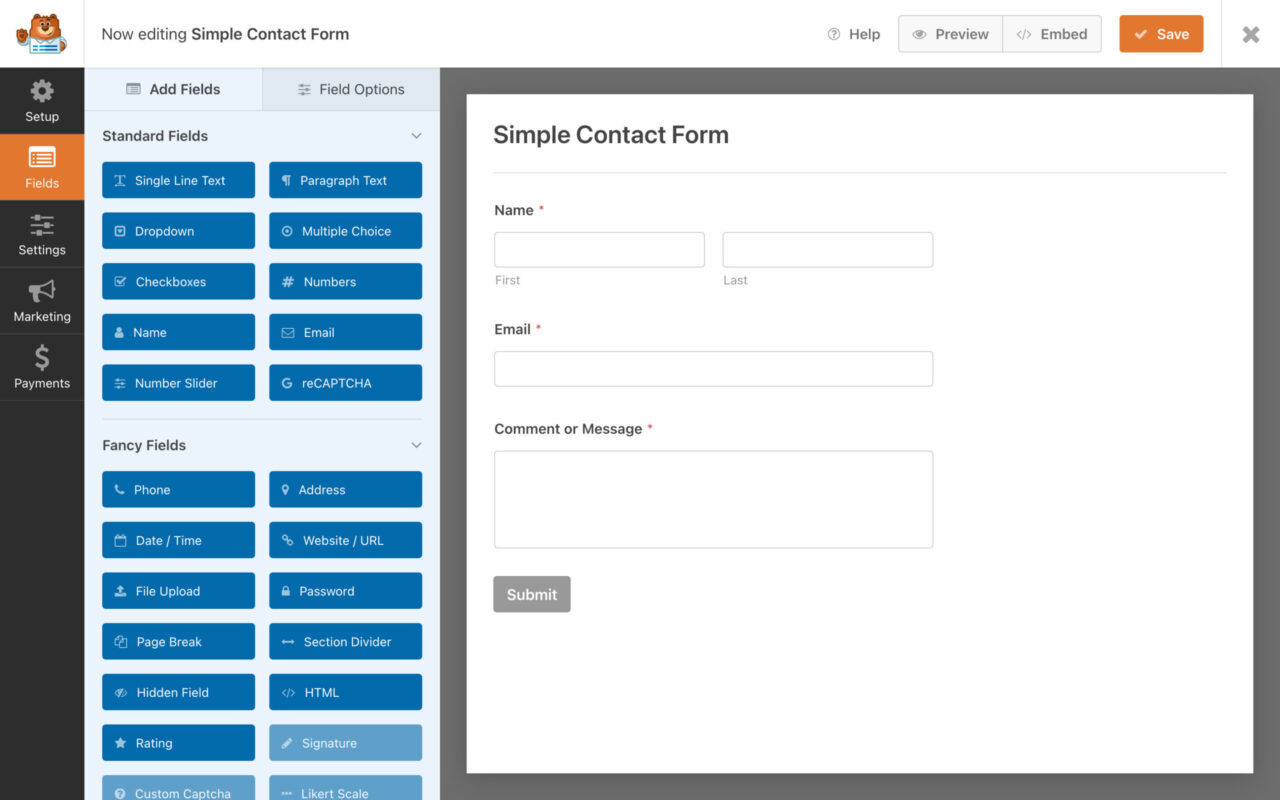Simple online contact form builder interface.
