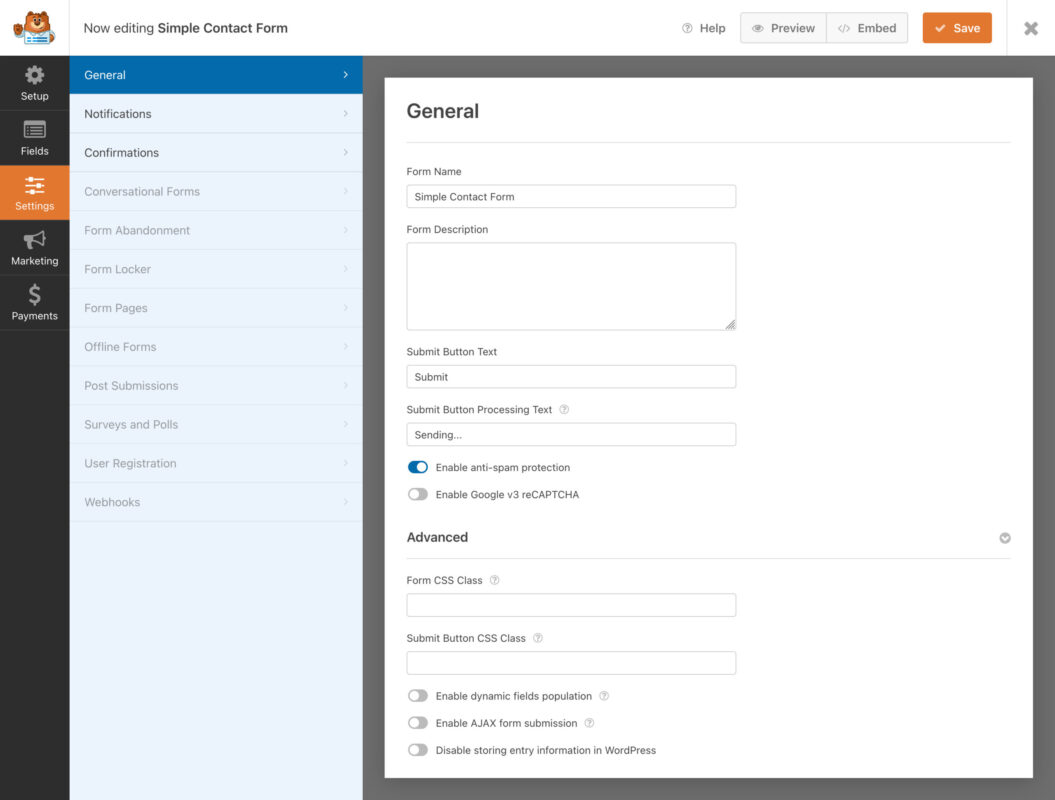 WordPress contact form settings interface screenshot