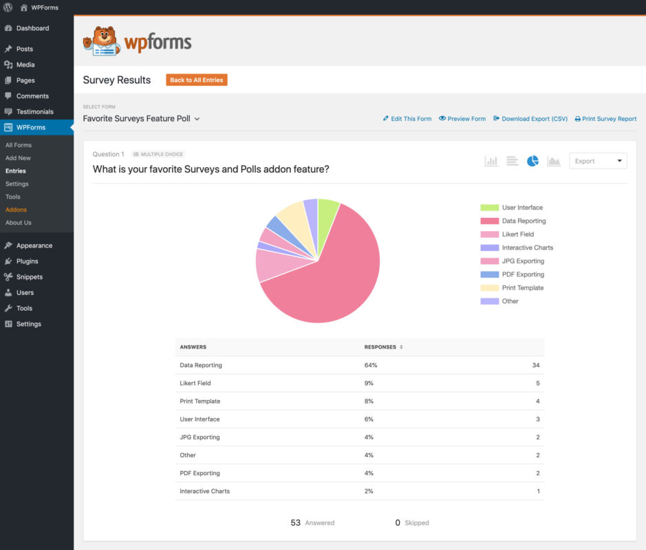 Survey results with pie chart and response table.