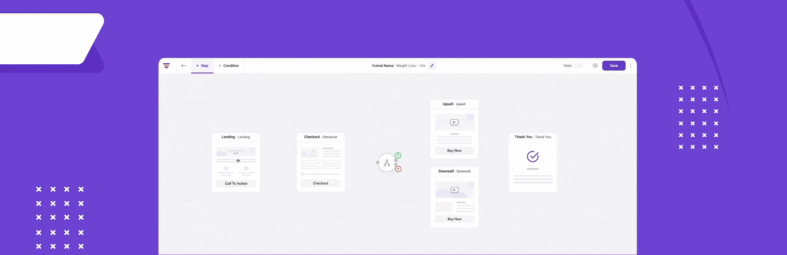 Marketing funnel design with steps and connections