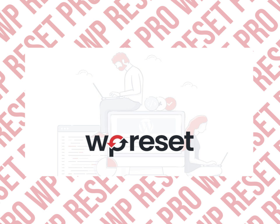 WP Reset logo with people on laptops.