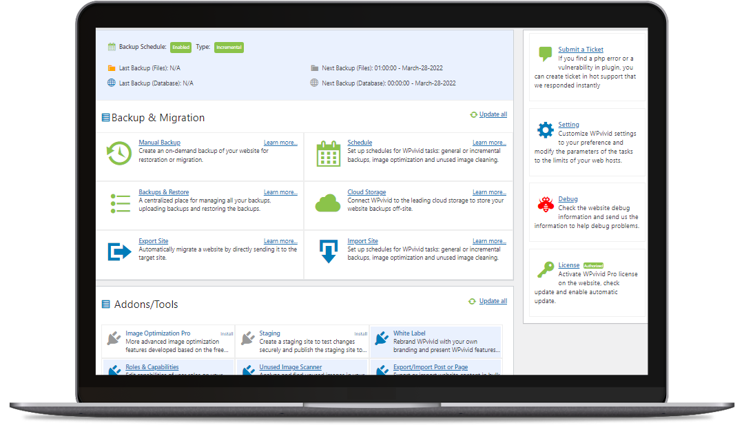 WordPress backup and optimization dashboard interface on laptop