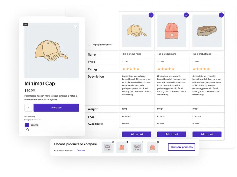 E-commerce product comparison page with caps and bag.