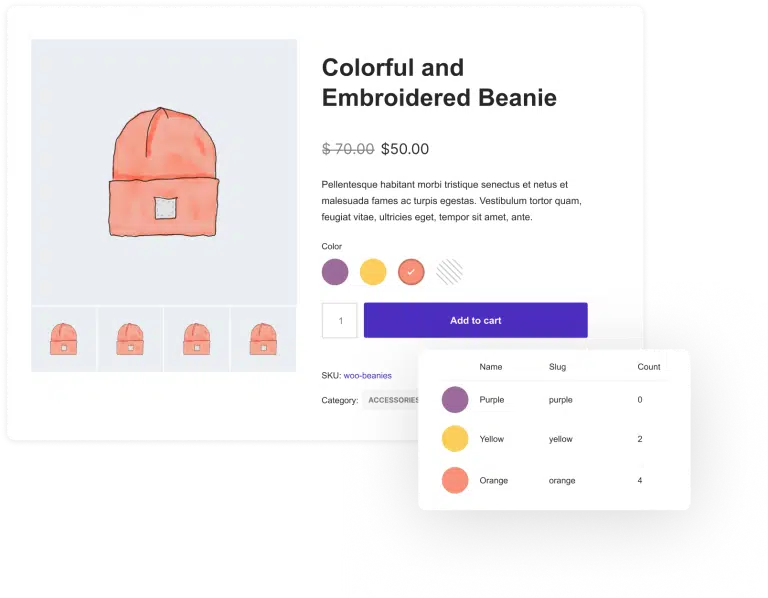 Colorful embroidered beanie product listing and options.