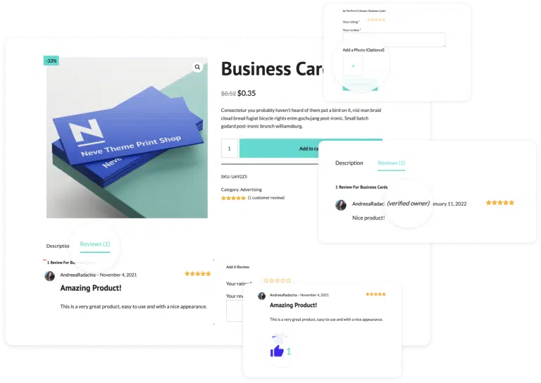 Business cards with reviews and ratings displayed.