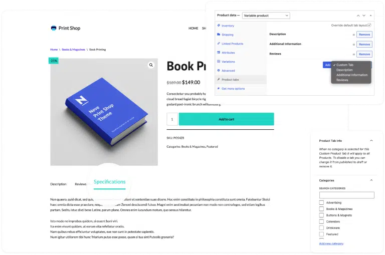 Print shop interface displaying book product details.