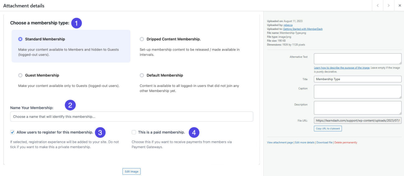 Membership type selection screen for users.
