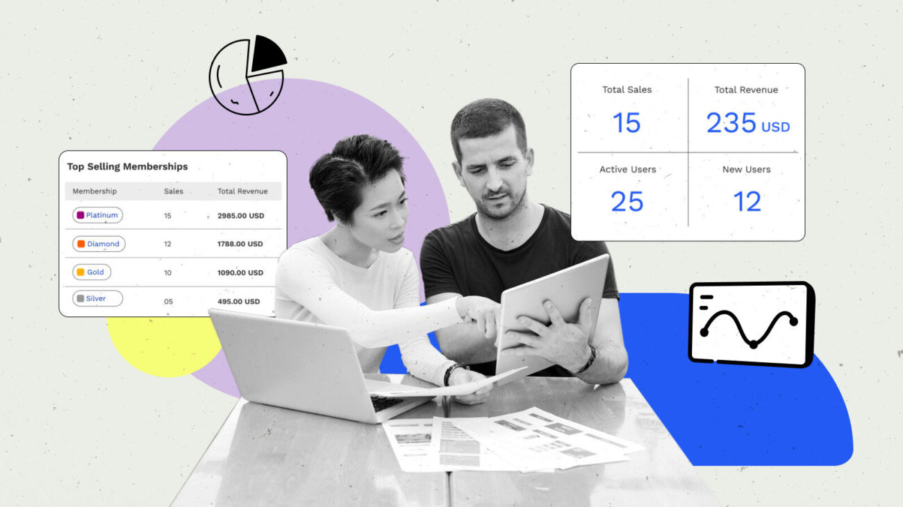 Analyzing membership sales and revenue data on tablet.