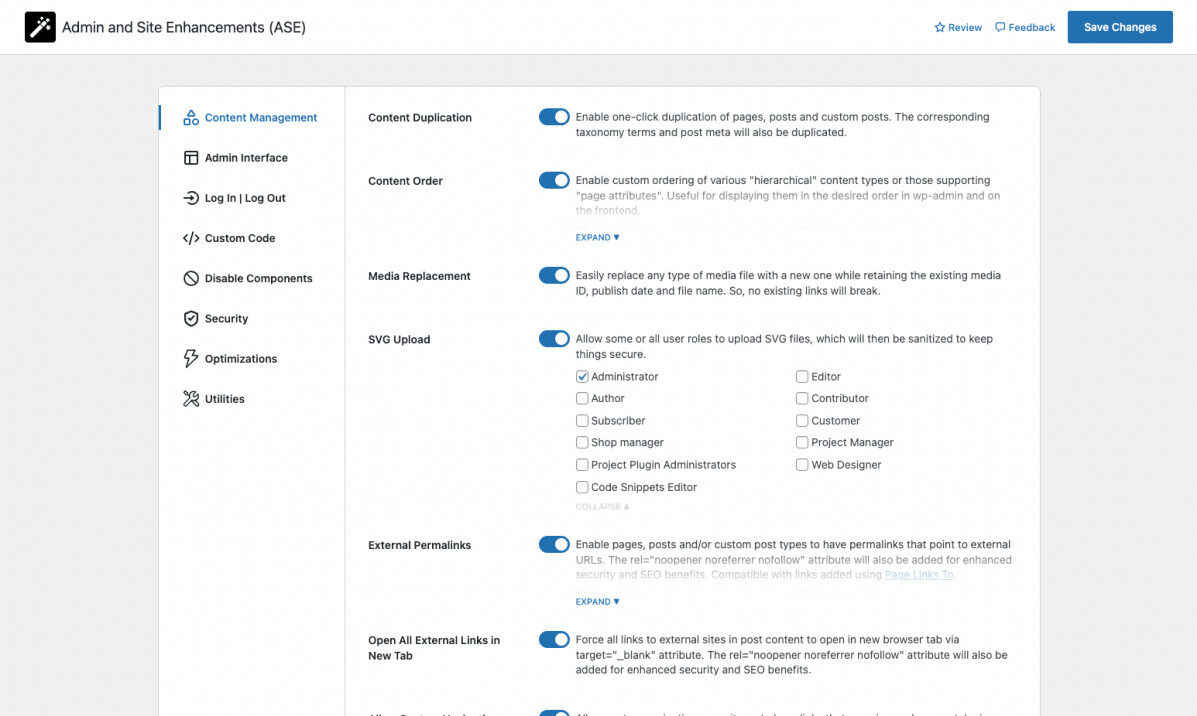 Admin settings panel with various content management options.