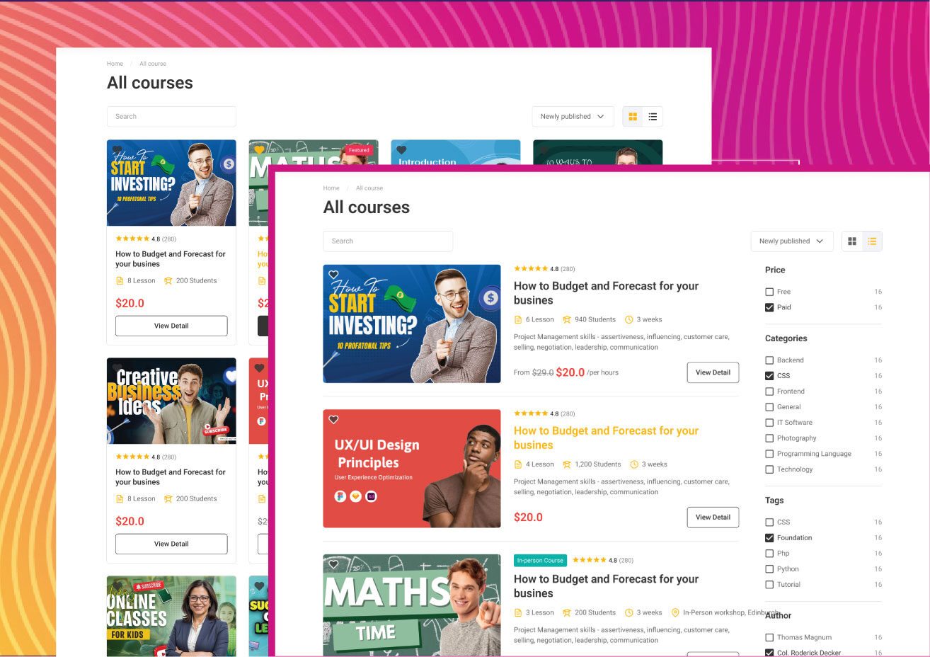 Online courses screen showing various classes options.