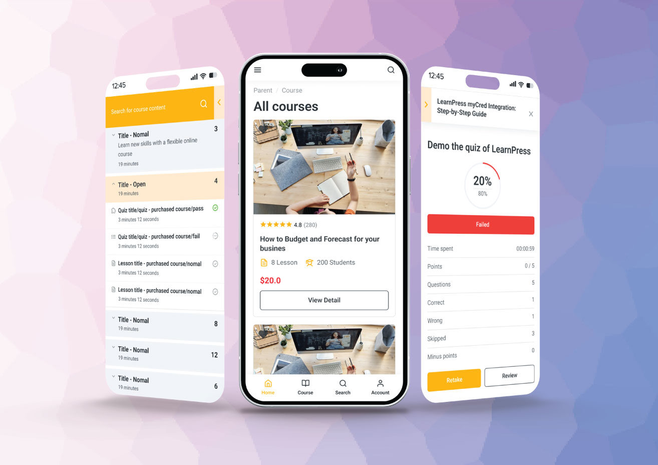Mobile app displaying online course interface.