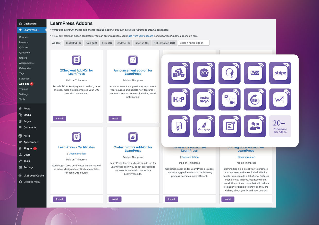 LearnPress addons dashboard with multiple plugin options.
