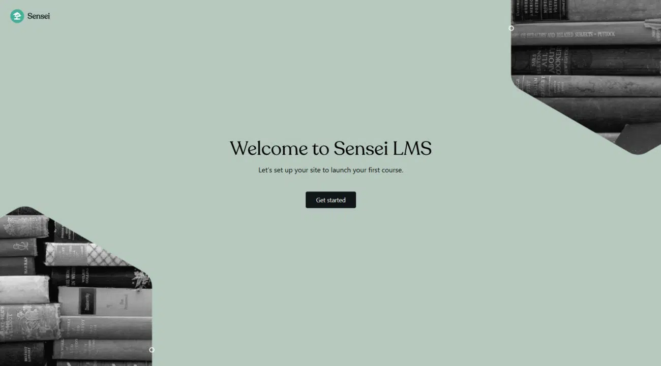 Sensei LMS welcome page with books and setup prompt.