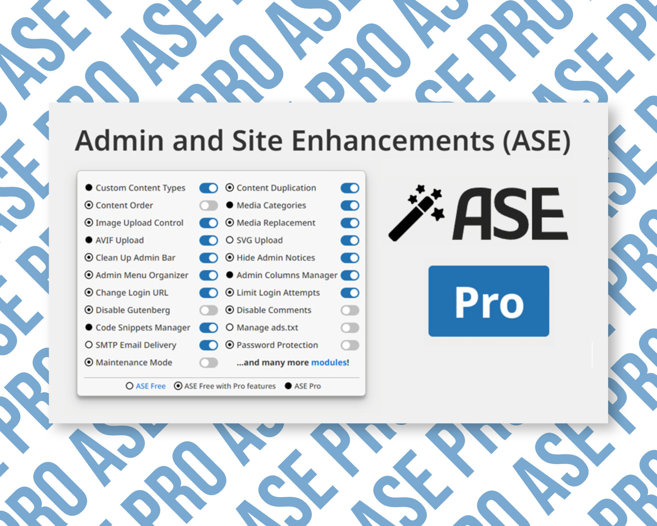 admin and site enhancements (ase) pro original license | one time payment and lifetime updates Admin and Site Enhancements plugin features overview.