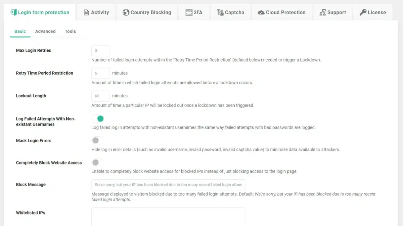 Login form protection settings menu interface screenshot.