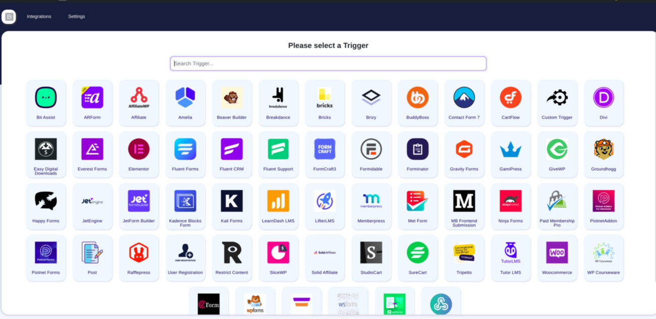 Software integration trigger selection grid with various logos.